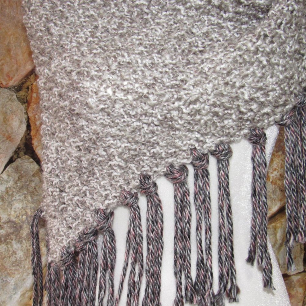 Grey Fringed Hand Knit Shawl Oversized Scarf Cottagecore Grandmacore - Picture 3 of 6